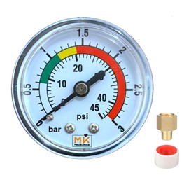 Pool Filter Pressure Gauge 0 - 3 Bar / 45 PSI 1/4" NPT Connector Brass Rear Connector for Pool Sand Filter Supplied with Teflon and 1/8" Adapter