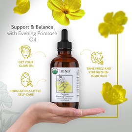 HBNO California Bottled Organic Evening Primrose Oil 4 fl oz (120ml) - USDA Certified Organic Evening Primrose Oil, Cold Pressed Carrier Oil for Face, Body, Lips, Nails, Shampoo & Conditioner