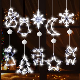 Tujoe 10 Pcs Christmas Window Lights Decorations Light up Window Silhouette Lights with Timer Suction Cup Battery Operated for Xmas Holiday New Year Outdoor Indoor Decor(White,Classic)
