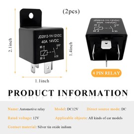 Sylvil 2 PCS 40A Car Relay, JD2912-1H-12VDC 40A 14VDC 4 Pin 12V Vehicle Switches and Starters, Universal Heavy Duty Power Relay for Car/Motorcycle/Boat, Car Accessories (4 Pin)