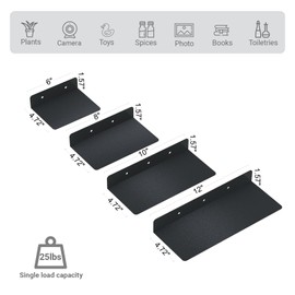 CANCHIC Metal Floating Wall Shelves, Set of 8 Wall Mounted Shelves in 4 Sizes (6" 8" 10" 12"), Heavy Duty Metal Display Shelves for Bathroom, Kitchen, Bedroom, and Living Room (Black)