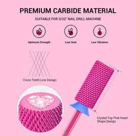 MelodySusie Large Barrel 3/32'' Tungsten Carbide Nail Drill Bit, Crystal Top Pink Heart Shape, Fast Remove Acrylic Gel, Cuticle Gel Polishing for Manicure Pedicure, Pink Blossom, Series Bit-S, Medium
