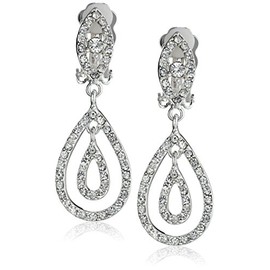 Silver Crystal Rhinestone Two Layer Teardrop Pear Shaped Dangle Clip Earrings Tipped with Eye Shape