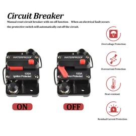 Goodway Power car Circuit Breaker 100A of DC12V-48V Waterproof and Manual Reset Ideal for Audio Inline, Inverter, Solar System Circuit Protection in Motor Home, Marine, RV,Trailer.