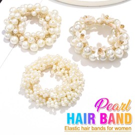 CAKURE Pearl Ponytail Holder Beige Elastic Hair Bands Tie Ponytail Holders Cute Beaded Hair Ties No Damage Hair Scrunchies Hair Accessories for Women and Girls (Pack of 3)