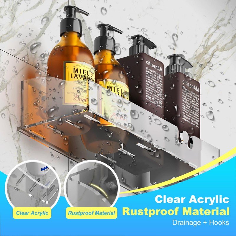 YAWSOUP Acrylic Shower Shelves 3 Pack, Clear Adhesive Shower Caddy