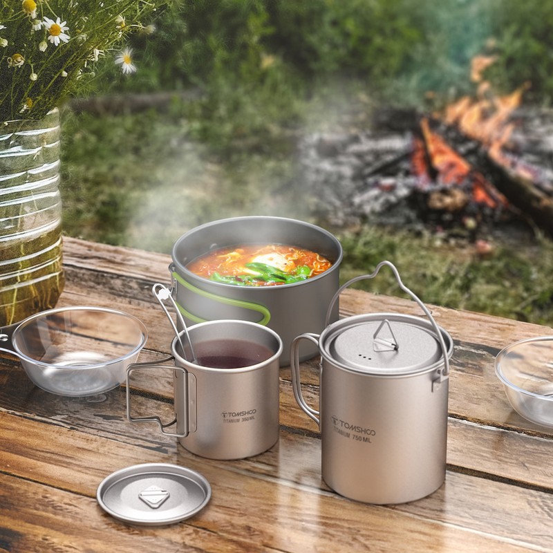 TOMSHOO Lightweight Titanium 3 Pieces Set Titanium 750ml Pot 350ml