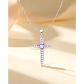 Calliora Birthstone Cross Necklace for Women, 925 Sterling Silver Heart Cross Pendant Necklace, Fine Cross Jewelry Birthday Gifts for Her, 18"+2" Inches