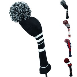 Golf Head Covers Knitted Woods Driver Fairway Hybrid Pom Pom Cover Washable Soft Kint Headcover 1 3 5 for Men Women Kids Sold in Separate (Black&White Stripes, #3 Fairway)
