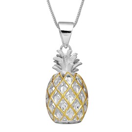 Sterling Silver with Yellow Gold Tone Accents Large Pineapple Pendant Necklace, 16+2" Extender