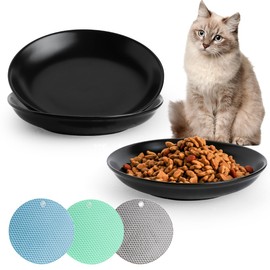 Ceramic Cat Food Bowl Set, Wide Shallow Cat Bowl Dishes Cat Plates, Anti Whisker Fatigue Cat Feeding Bowls, Cat Feeding Bowls,with Silicone Non-Slip Mats, Cat Food Dishes for Indoor Cats, Black (3PCS)
