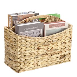 BTSKY Woven Magazine Holder, 2-Section Water Hyacinth Magazine Basket, Natural Storage Basket Bin for Books & Files, Bathroom Magazine Rack with Built-in-Handle for Home, Office & Desk
