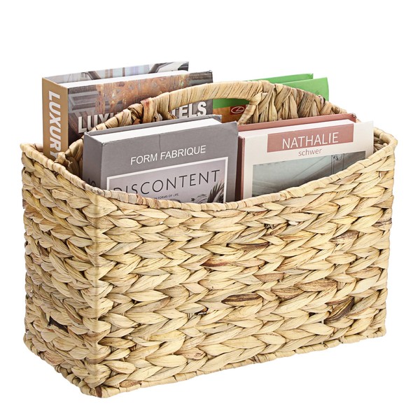 BTSKY Woven Magazine Holder, 2-Section Water Hyacinth Magazine Basket, Natural