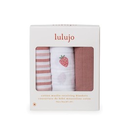 Lulujo Baby Receiving Blanket| Unisex Softest 100% Cotton Muslin Blanket| Neutral Receiving Blanket for Girls & Boys | 28in x 28in | Baby Gift| Strawberries