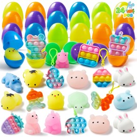 JOYIN - 24 Huevos de Pascua precargados con Juguetes Surtidos, Rellenos con Juguetes Blandos de Mochi y llaveros para ansiedad con Burbujas, Juguetes para aliviar el estrés para cestas de Pascua,