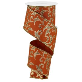 2.5" Filigree Swirl Acanthus Leaf Wired Floral Glitter Ribbon for Thanksgiving, Fall, & Christmas Holiday Wreaths, Trees, Garlands, Gift Wrap, Floral Arrangements, Crafts (Autumn Orange/Gold, 10 Yds)