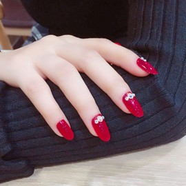 24 Pcs Handmade Nail Tips Gemstone Decoration Nail Bride Cute and Elegant Bride Nail Tips for Weddings, Photo Taking, Parties, After-parties, etc (Burgundy Red)