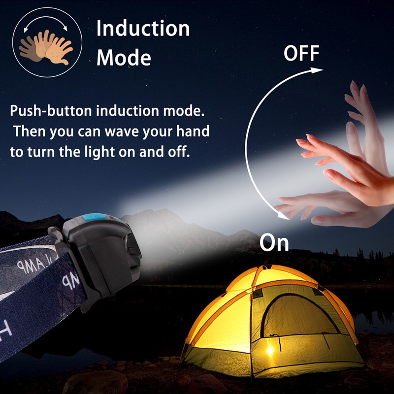 Outdoor USB Rechargeable LED Fishing Headlamp Finger Sensing Waterproof Headlight