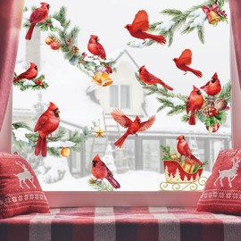 Winter Cardinals Window Clings 9 Sheets Christmas Red Cardinal Decals Poinsettia Pine Cone Window Stickers for Xmas Lamp Tree Branches Home Kitchen Living Room Decor