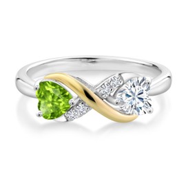 Gem Stone King 925 Silver and 10K Yellow Gold 5MM Heart Shape Green Peridot and 5MM Heart Moissanite Ring For Women | 1.04 Cttw | Available In Size 5, 6, 7, 8, 9