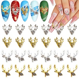 XEAOHESY 40 Pieces Gold Silver Alloy Reindeer Head Nail Charms Christmas Nail Charms Studs Antlers Rhinestones Deer Nail Charms Christmas Nail Supplies 3D Nail Design Craft Decorations for Women