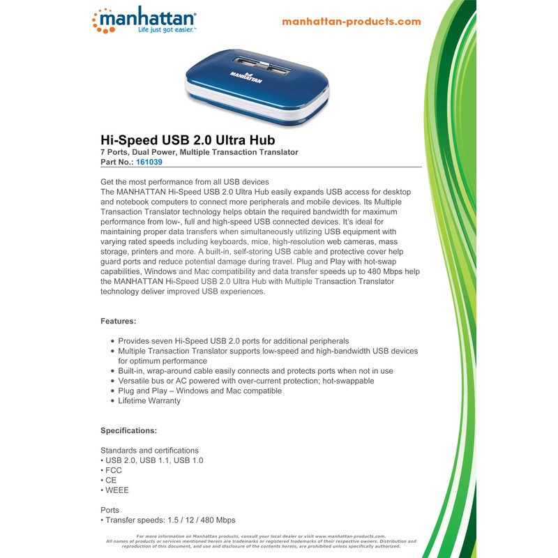 Manhattan AC-2635 Hub USB V2.0 7 Ptos Azul con Fuente,