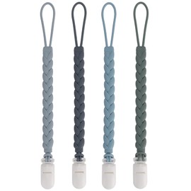 Stylish Silicone Pacifier Clips 4-Pack for Baby Boys and Girls, Woven Rope Flexible Design, Rust-Free Holders for Teething Relief and Baby Essentials, Safe for Newborns (Grey)
