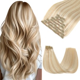 SAFIRENY Clip in Hair Extensions 14 inch Caramel Blonde Highlighted Bleach Blonde Real Human Hair 140g 7pcs Extensions Clip in Straight Real Hair Extensions for Women(#27P60-14inch)