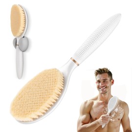 GEENOA New Body Scrubber for Wet or Dry Brushing, Anti-Slip Corn-Handle Shower Brush with Large Dual-Side Head & Soft Bristles, Easy-to-use Bath Brushes for Lathering Cleansing(White-S)