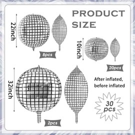 30 Pcs Disco Ball Balloons 32" 22" 10" 4D Disco Balloons 70s Disco Party Decorations Round Metallic Silver Disco Foil Balloons Mirror Disco Balloons for Disco Dance Party Birthday Wedding Supplies