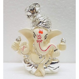 Gold Art India Silver Chandan Ceramic Ganesh Idol For Car Dashboard Small Ganesha Murti Ganpati Idol For Home Decor Puja Lord Ganesh Statue Gift For Office Desk Puja Room Figurine 3 Inches, Idol
