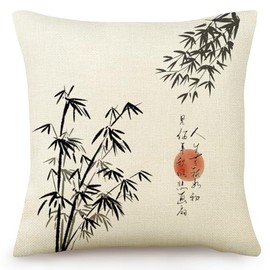 HYZUIMEI Vintage Hand Drawn Ink Culture Bamboo Throw Pillow Cover， Chinese Calligraphy Culture Decoration Linen 18x18 Inch Cushion Case，Square Pillow Case for Bedroom Bed Outdoor Couch Sofa Gift