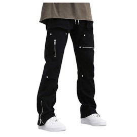 OYOANGLE Men's Drawstring Waist Zipper Hem Pants Y2K Streetwear Studded Hip Hop Pants Black Small
