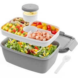 Cherrysea Cherrysea Salad Lunch Container, 68oz Salad Bowls with 4 Compartments Tray,Leak Proof Lunch Box with Fork for Men,Women BPA-Free Snack Container with Sauce Container for Dressings-Grey