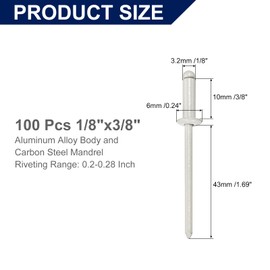 uxcell 100Pcs 1/8" x3/8" Aluminum Blind Rivets, Aluminum Grip and Steel Mandrel, Dome Head Long Split Rivets for Metal, Furniture, Automotive, Gray