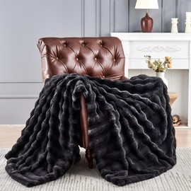 Gusuhome Faux Fur Queen Blanket for Couch - Luxurious Faux Rabbit Fur Bed Blanket Reversible - Cozy Warm Fluffy Fuzzy Plush Striped Blanket for Sofa Bedroom Living Room - 90x90 Inches Black