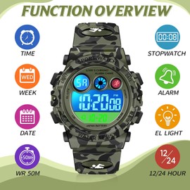 Dayllon Kids Watch Digital Outdoor Sport Waterproof Boys Watches 12/24H Alarm 7 Colorful Backlight Stopwatch Wristwatch for 3-15 Year Old Gift Army Green
