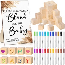 Tatuo 75 Pcs Baby Shower Games Sign Kit Including Decorate a Block Game Sign 50 DIY Blank Wooden Block 24 Acrylic Paint Marker Baby Shower Prize for Game Winners Gender Reveal (Classic Color,Boho)