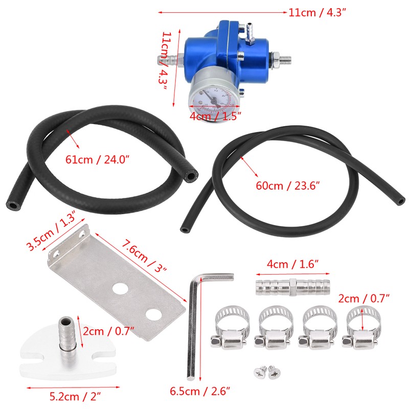 Universal Aluminum Fuel Pressure Regulator Gauge & Hose Kit 0-140