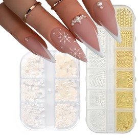3 Boxes of Nail Charms, Small Steel Balls and Semicircle Beads, Charms Nails in Various Specifications, Nail Charms Gold, Silver, White, Nail Accessories