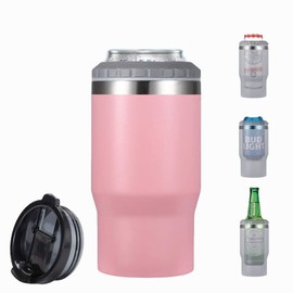 FAMKX 14oz 4 in 1 Stainless Steel Can Cooler Beer Bottle Insulator With 2 Lids for 12oz can&bottle, Double walled insulated Thermocooler &Travel Mug Holder Keeping Your Bevearge Cold (PINK#)