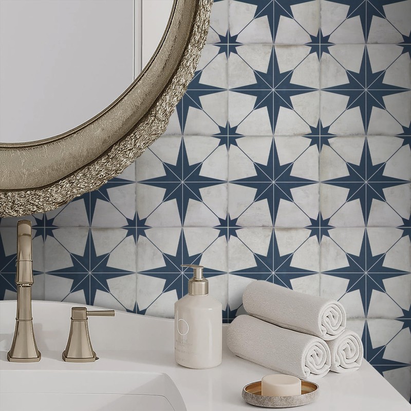 The Tiles Plaza Encaustic Peel and Stick Backsplash, Blue Star