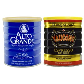 Alto Grande Super Premium Medium-Dark Roast Ground Coffee, and Yaucono Espresso De Oro Dark Roast Fine Ground Coffee, 8.8 Ounce Canisters, Puerto Rico Variety Bundle