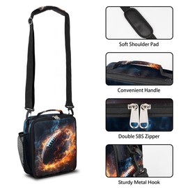 Fire Football Insulated Lunch Bag Watercolor Football Kids Lunch Box Reusable Leakproof Lunch Bag for Girls Boys Cooler Tote Bag with Adjustable Shoulder Strap for School Picnic Work Travel Outdoor