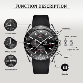 BY BENYAR Men's Business Analogue Chronograph Quartz Watch 30M Waterproof Luminous Date Display Fashionable Casual Watch Sport Multifunction Leather Watch, Rubber, silver, black, Classic