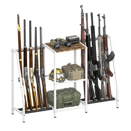 Mondazie Double-Side Gun Rack Stand, Vertical Rifle Display Holder with Gun Storage Solutions Shelf, Floor Shotgun Organizer Racks with Padding for Home Garage, Hold up to 10 Long Guns, White