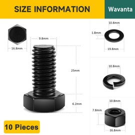 10Pcs M10 x 25mm Hex Head Bolt Screws, Black Oxide 304 Stainless Steel Nuts and Bolts, Flat & Lock Washers, Nuts and Bolts Assortment Kit by Wavanta
