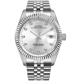 BUREI Men's Watch, Automatic Winding, Waterproof, Analog, Date, Mechanical Watch, Popular, Men's Brand, Stylish, Simple, Casual Watch, silver-white, Bracelet Type