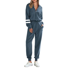 PRETTYGARDEN Women's 2 Piece Sweater Set Pullover Zip Up Sweatshirt Jogger Sweatpants Tracksuit Casual Outfit (Striped Grey Blue,Large)