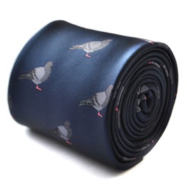 Frederick Thomas navy tie with grey pigeon embroidered design with signature floral design to the rear